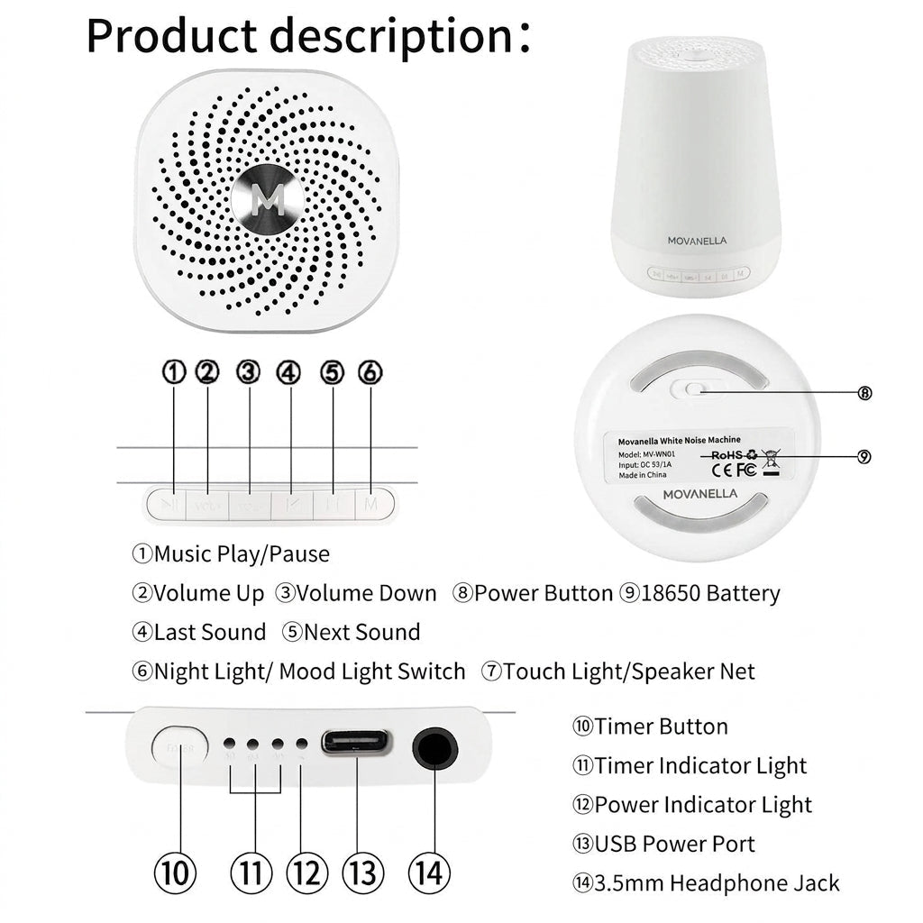 MBZ085 White Noise Machine Baby Sleep Sound Machine Colorful Night Lights 28 Soothing Sounds with 3.5mm Headphone Jack - Movanella